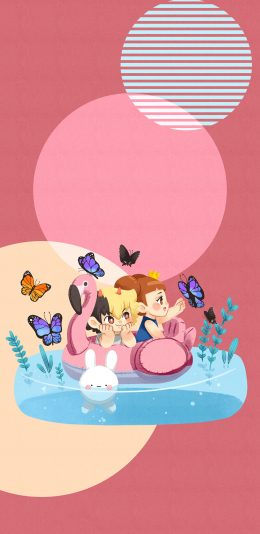 [2436x1125]卡通 男孩 女孩 火烈鸟 童真 苹果手机动漫壁纸图片