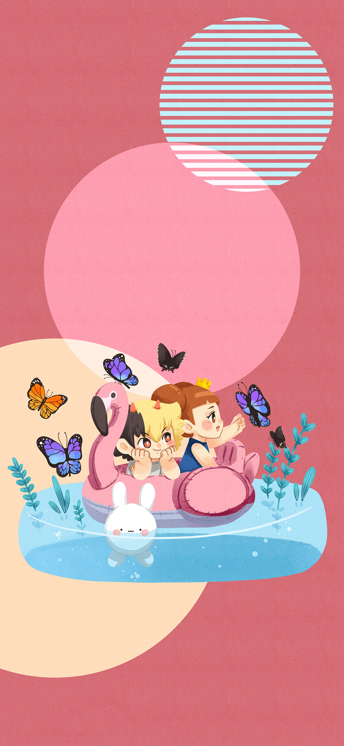 [2436×1125]卡通 男孩 女孩 火烈鸟 童真 苹果手机动漫壁纸图片