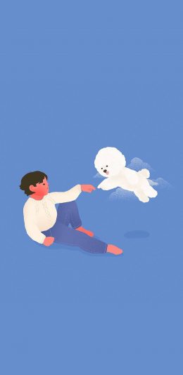 [2436x1125]卡通 男孩 宠物狗 贵宾犬 苹果手机动漫壁纸图片