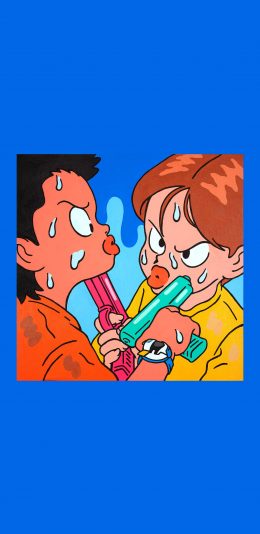 [2436x1125]卡通 男孩 枪 冷汗 苹果手机动漫壁纸图片