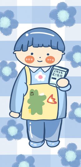 [2436x1125]卡通 男孩 蓝色小花 可爱 苹果手机动漫壁纸图片