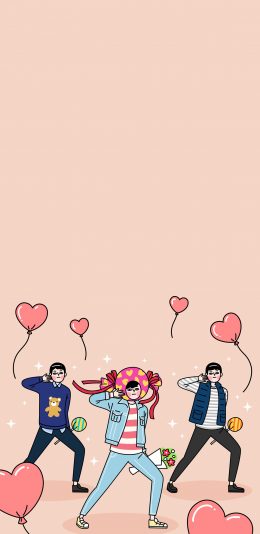 [2436x1125]卡通 男孩 跳舞 爱心气球 苹果手机动漫壁纸图片