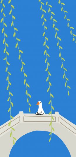 [2436x1125]卡通 白鹅 桥梁 柳叶 苹果手机动漫壁纸图片