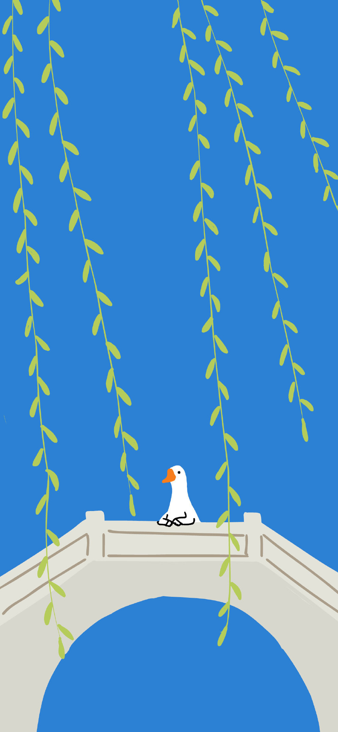 [2436×1125]卡通 白鹅 桥梁 柳叶 苹果手机动漫壁纸图片