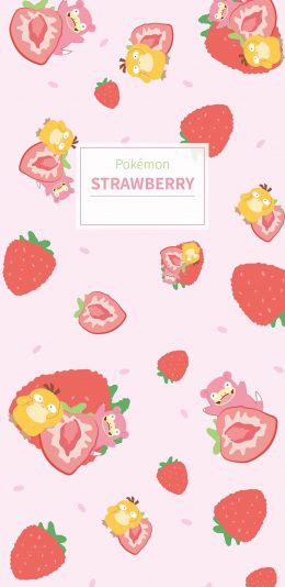 [2436x1125]卡通 皮卡丘 可达鸭 草莓 平铺 苹果手机动漫壁纸图片