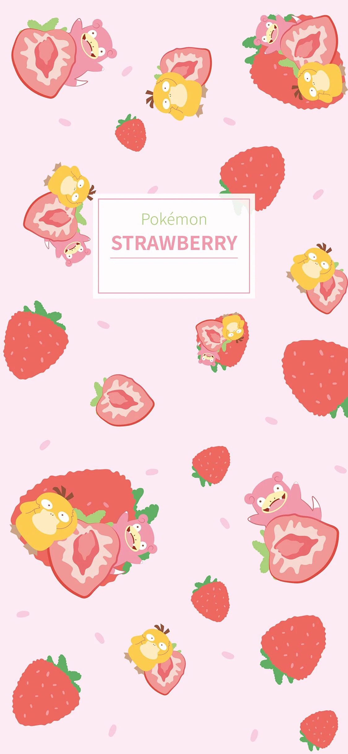 [2436×1125]卡通 皮卡丘 可达鸭 草莓 平铺 苹果手机动漫壁纸图片
