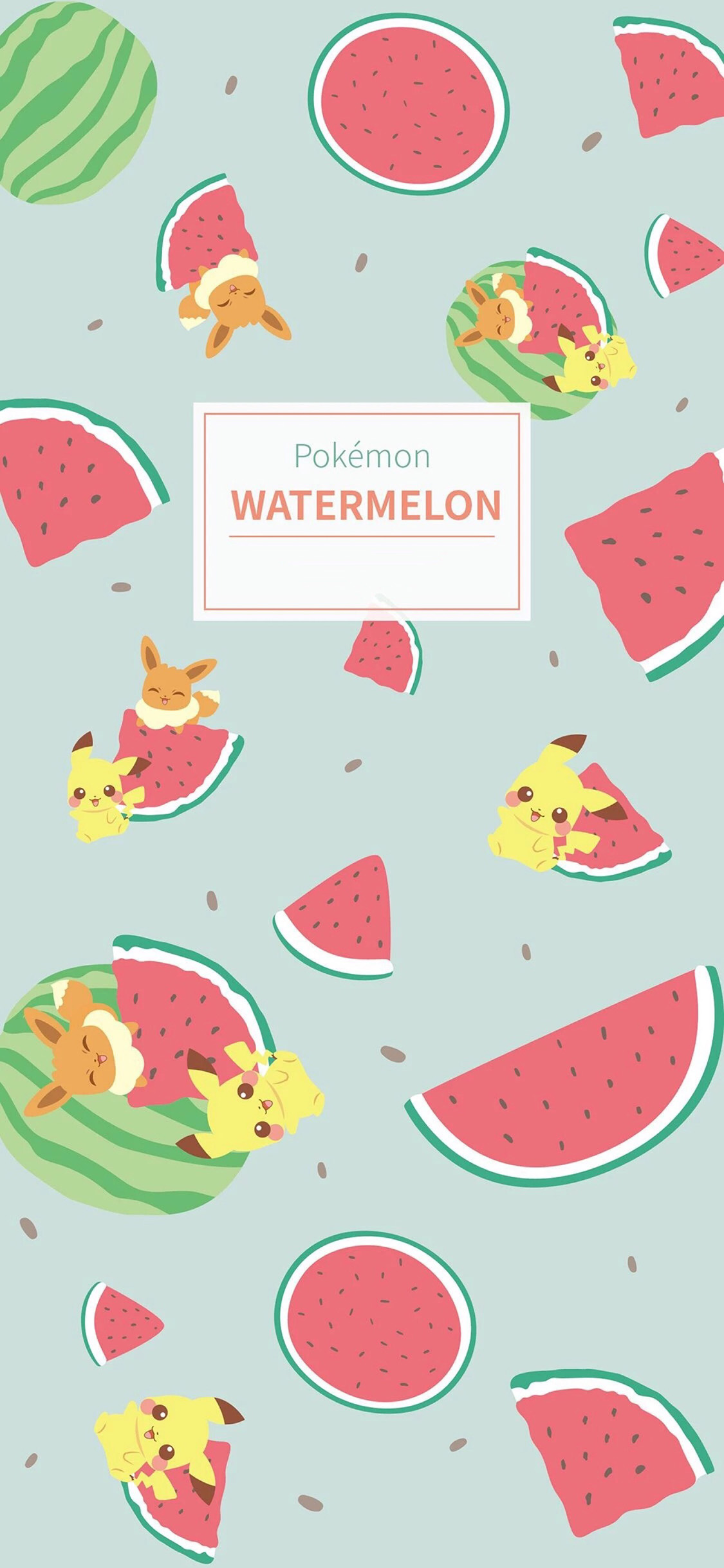 [2436×1125]卡通 皮卡丘 西瓜 平铺 苹果手机动漫壁纸图片