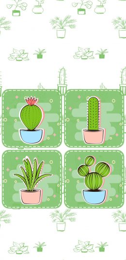 [2436x1125]卡通 盆栽 仙人球 平铺 小清新 苹果手机动漫壁纸图片
