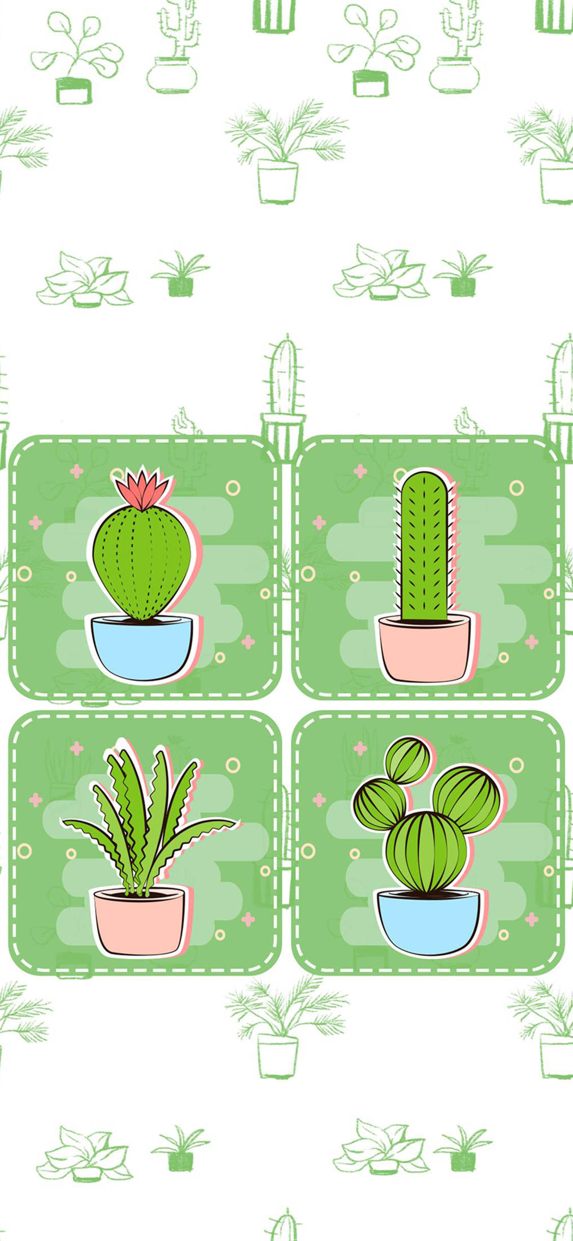 [2436×1125]卡通 盆栽 仙人球 平铺 小清新 苹果手机动漫壁纸图片