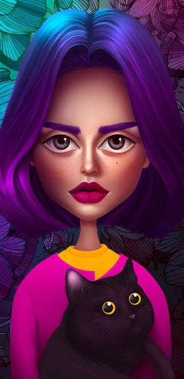 [2436x1125]卡通 短发 女孩 与黑猫 苹果手机动漫壁纸图片