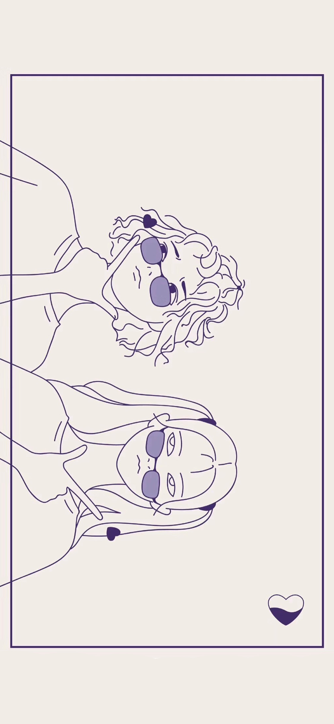 [2436×1125]卡通 简笔 女孩 合照 爱心 友情 苹果手机动漫壁纸图片