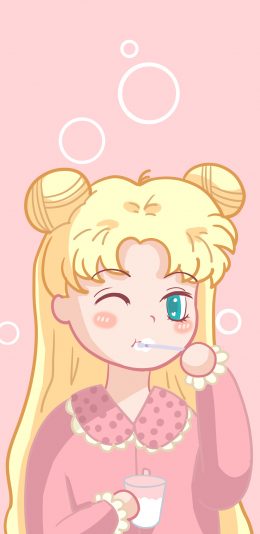 [2436x1125]卡通 粉 美少女战士 刷牙 苹果手机动漫壁纸图片