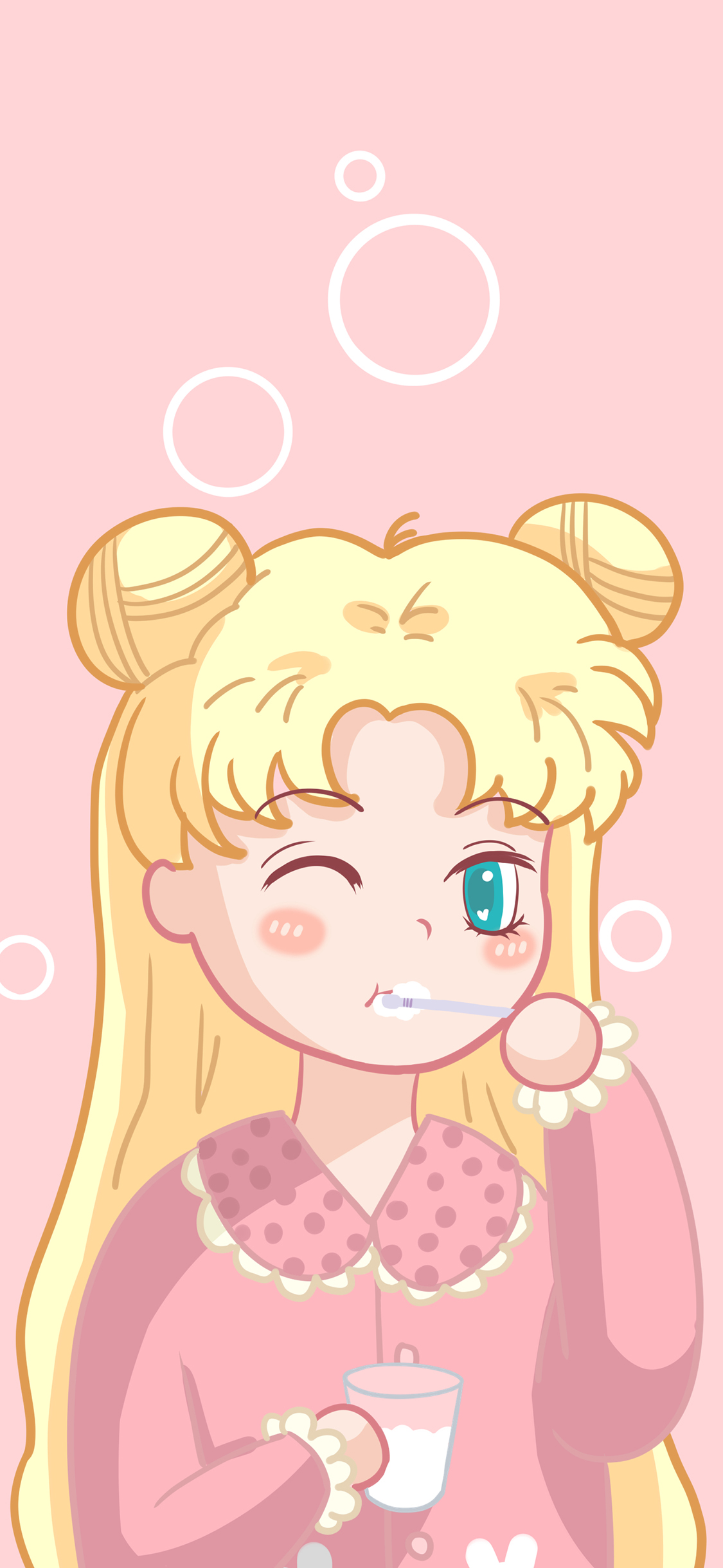 [2436×1125]卡通 粉 美少女战士 刷牙 苹果手机动漫壁纸图片