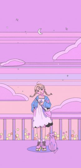 [2436x1125]卡通 粉红 少女 猫咪 苹果手机动漫壁纸图片
