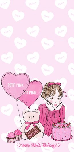 [2436x1125]卡通 粉红少女 蛋糕 气球 小熊 苹果手机动漫壁纸图片