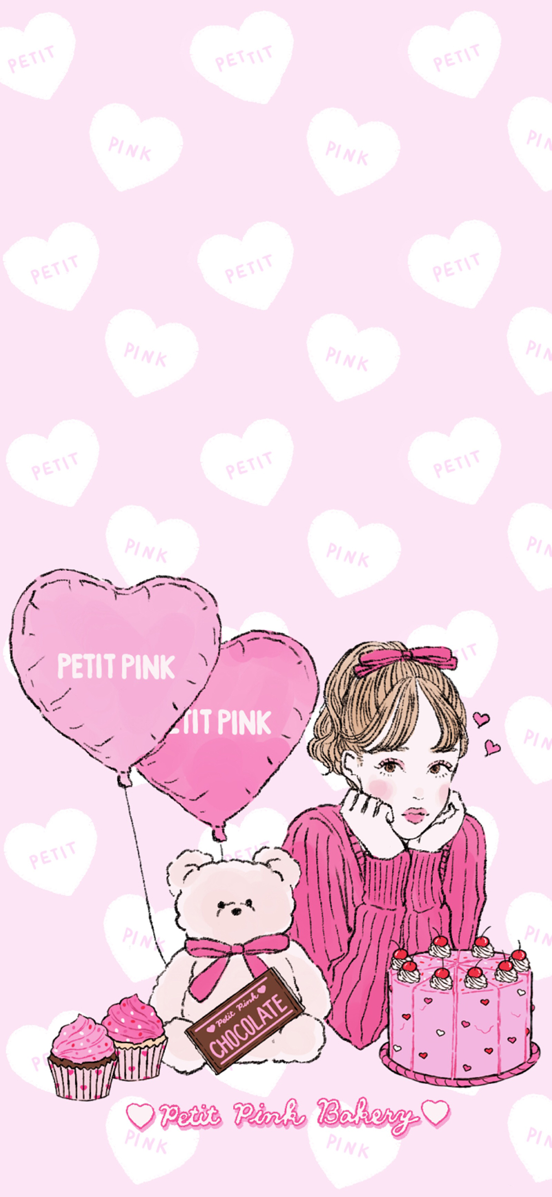 [2436×1125]卡通 粉红少女 蛋糕 气球 小熊 苹果手机动漫壁纸图片