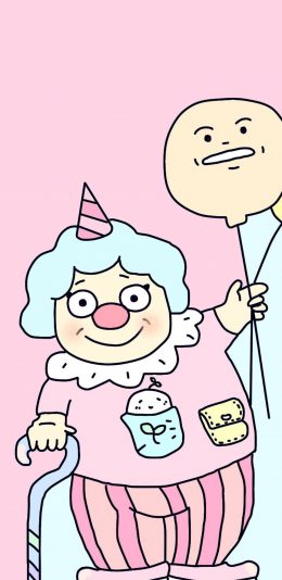 [2436x1125]卡通 老奶奶 粉色 小丑鼻子 苹果手机动漫壁纸图片