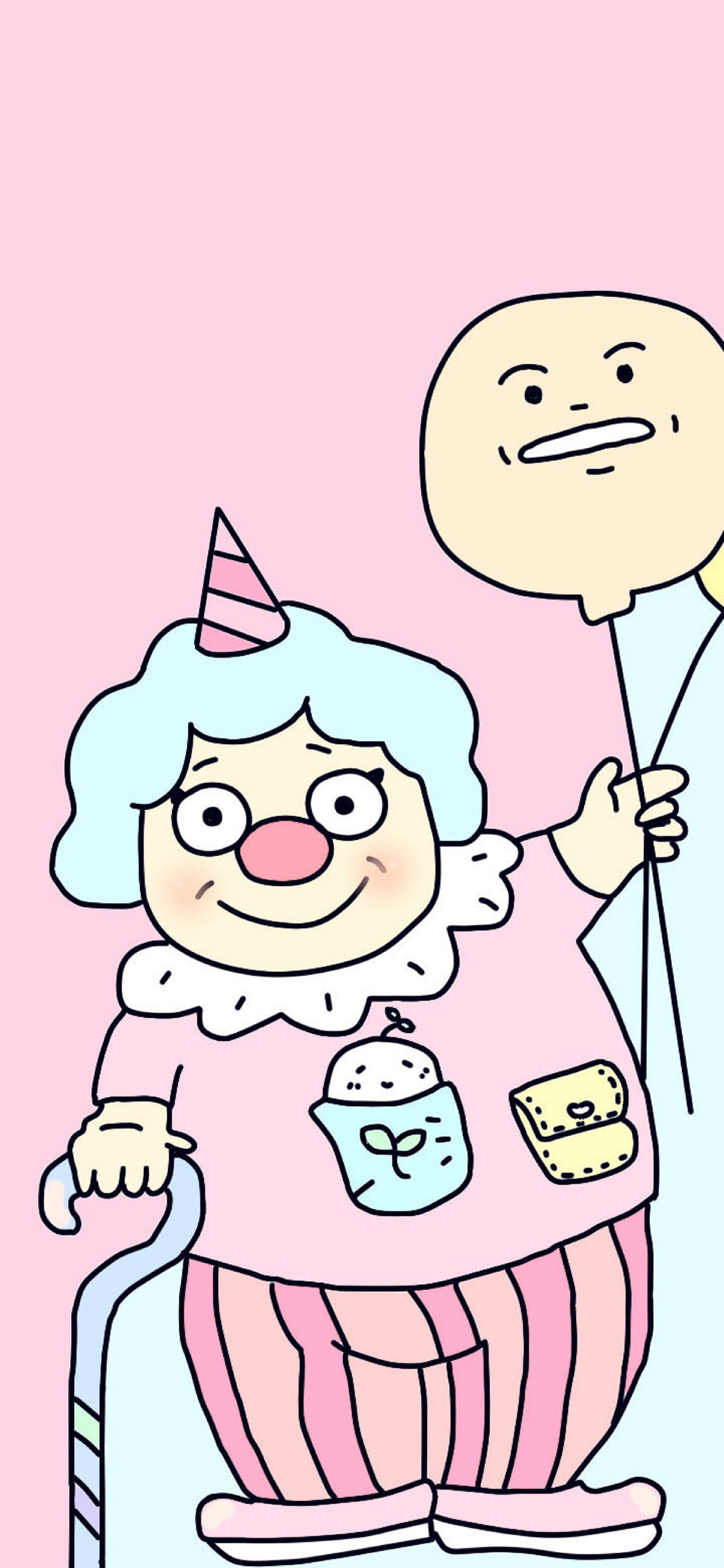 [2436×1125]卡通 老奶奶 粉色 小丑鼻子 苹果手机动漫壁纸图片