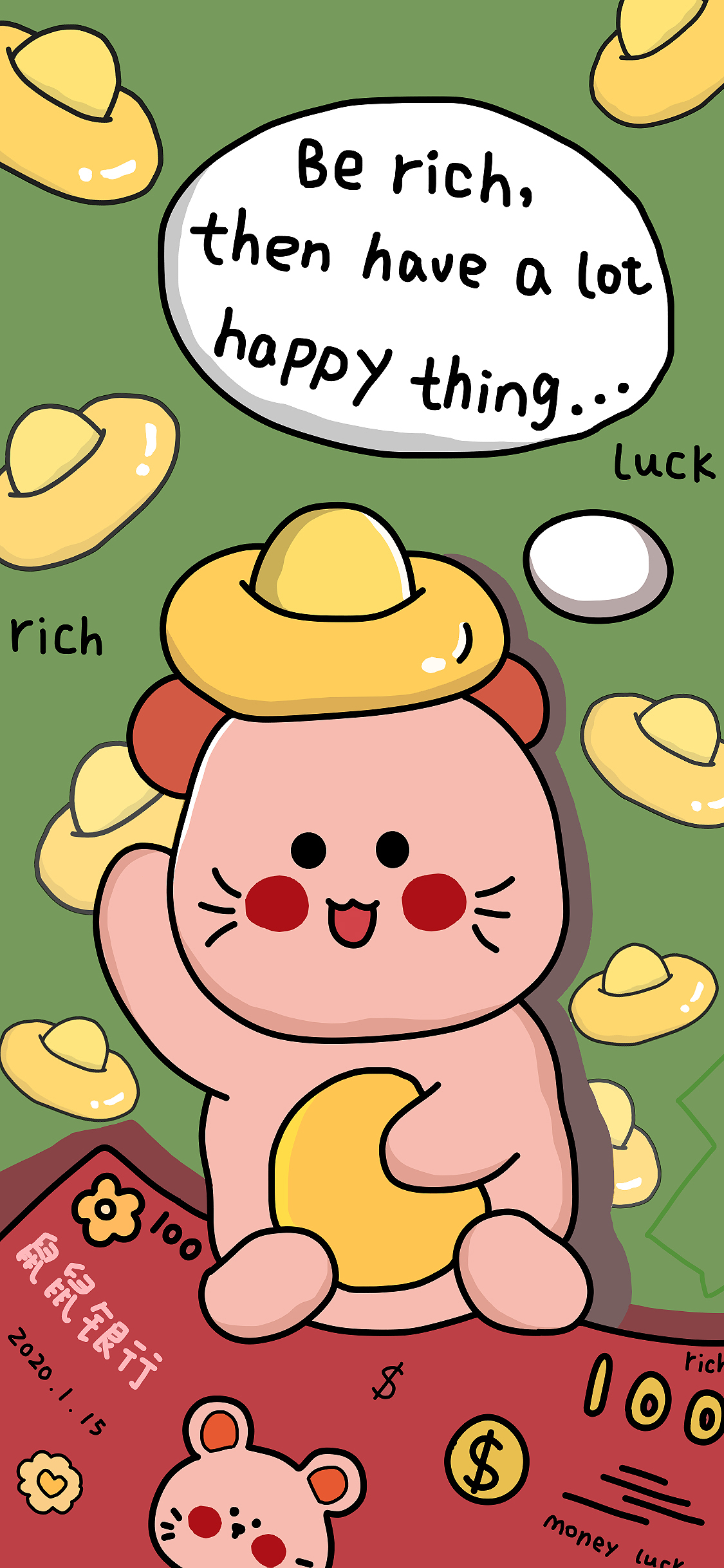 [2436×1125]卡通 老鼠 鼠鼠银行 金元宝 苹果手机动漫壁纸图片
