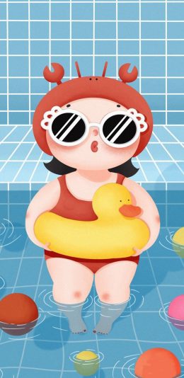 [2436x1125]卡通 胖妞 女孩 泳圈 苹果手机动漫壁纸图片
