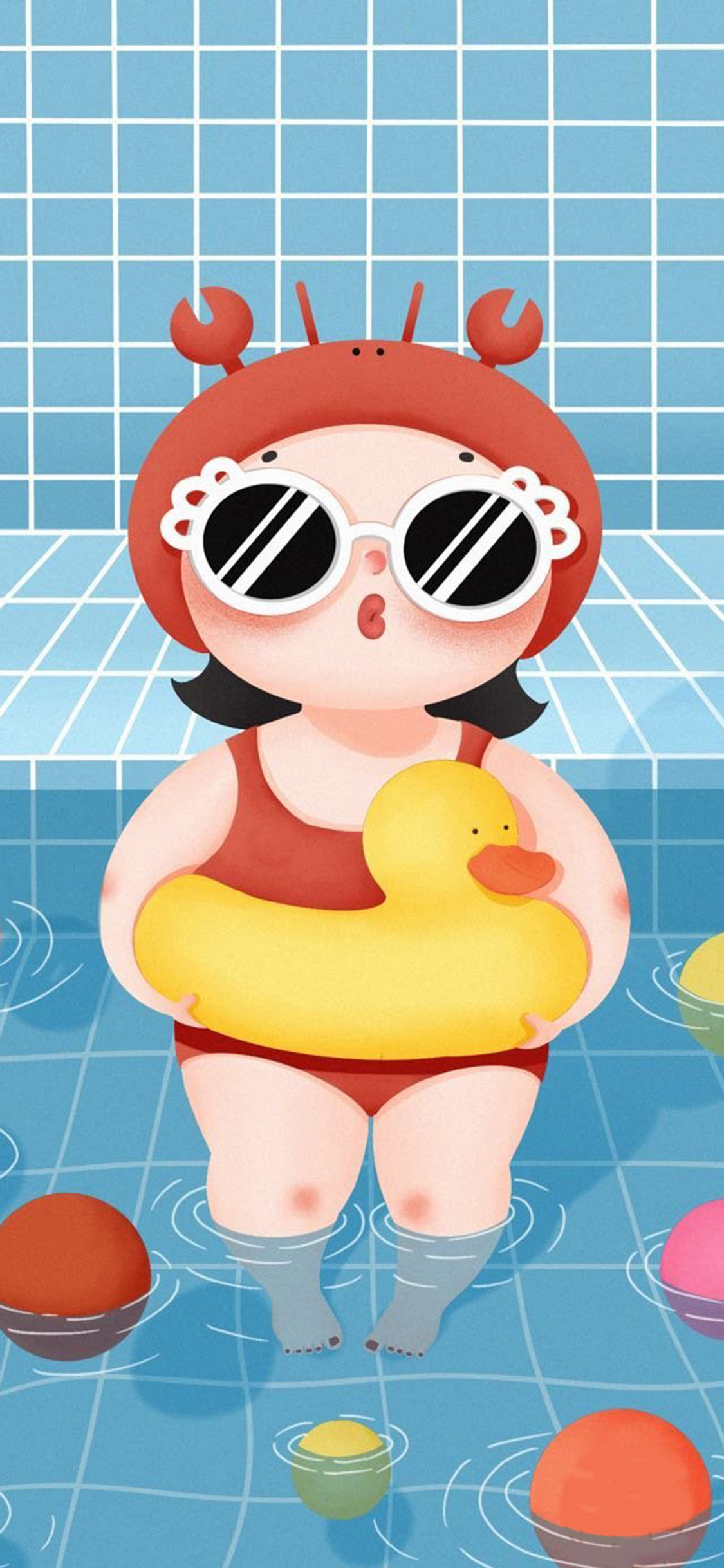 [2436×1125]卡通 胖妞 女孩 泳圈 苹果手机动漫壁纸图片