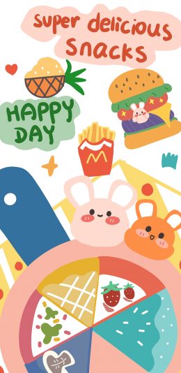 [2436x1125]卡通 色彩 可爱 happyday 汉堡 苹果手机动漫壁纸图片