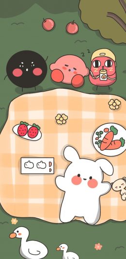 [2436x1125]卡通 萌物 兔子 星之卡比 野餐 苹果手机动漫壁纸图片