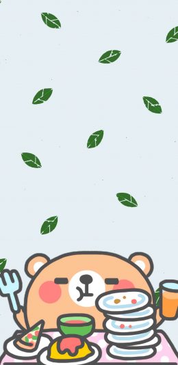 [2436x1125]卡通 萌物 吃饭 叶子 苹果手机动漫壁纸图片