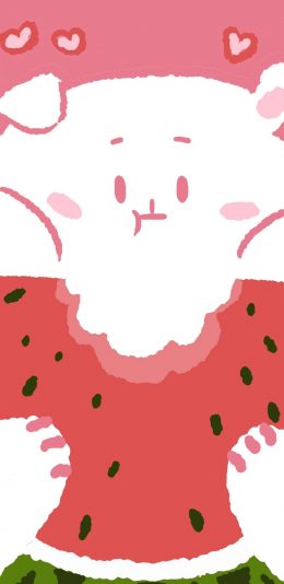 [2436x1125]卡通 萌物 小熊 吃西瓜 苹果手机动漫壁纸图片