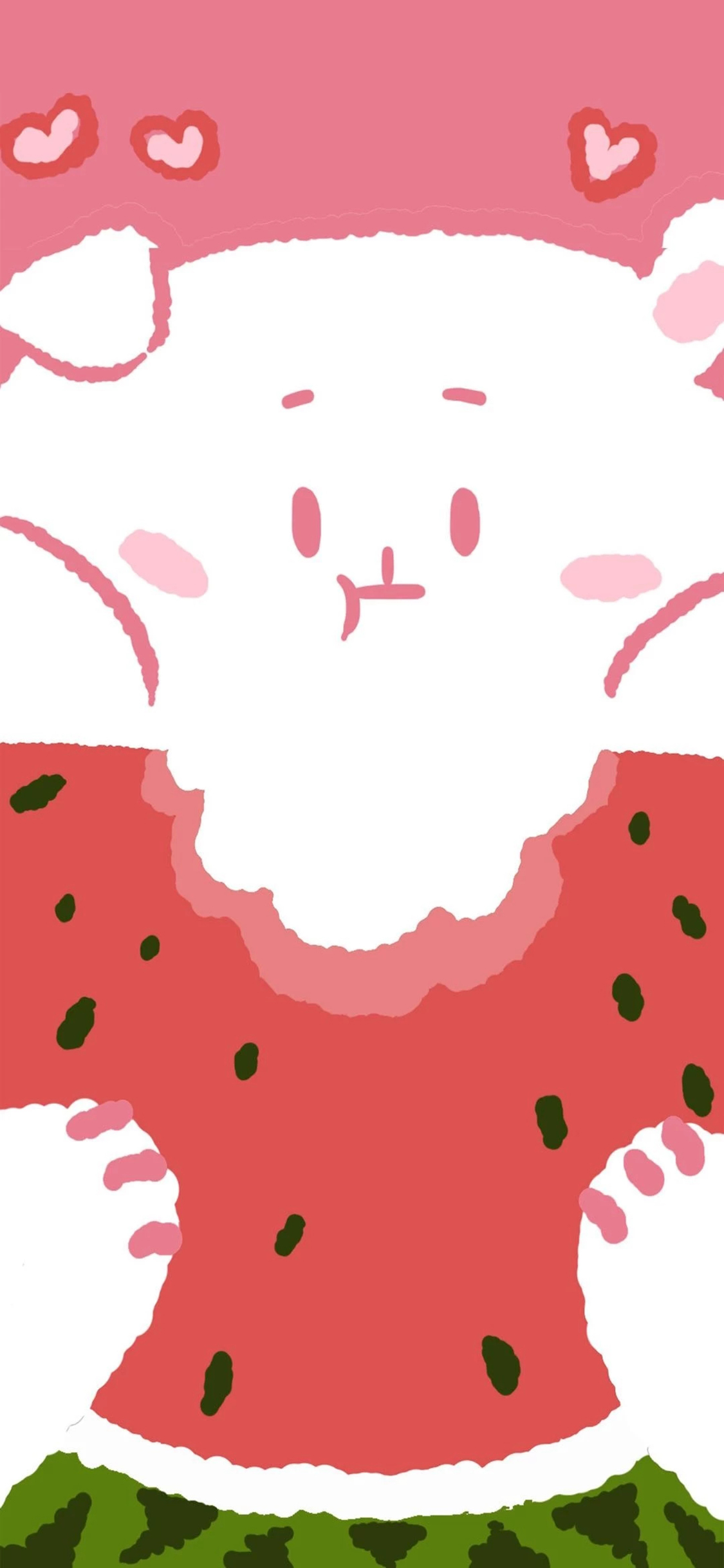 [2436×1125]卡通 萌物 小熊 吃西瓜 苹果手机动漫壁纸图片