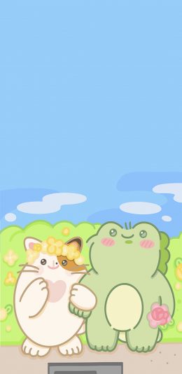 [2436x1125]卡通 萌物 猫咪 青蛙 苹果手机动漫壁纸图片