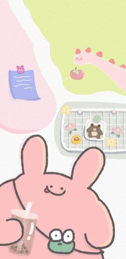 [2436x1125]卡通 萌物 粉色 喝奶茶 苹果手机动漫壁纸图片