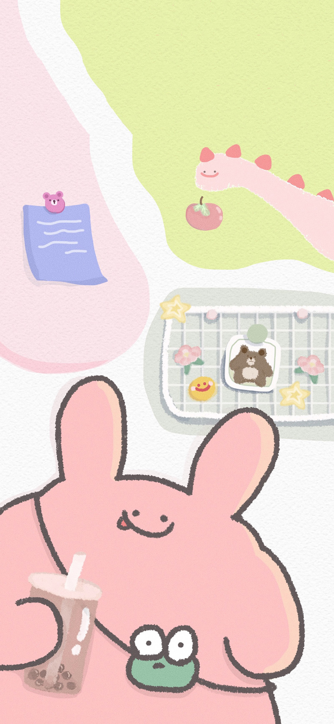 [2436×1125]卡通 萌物 粉色 喝奶茶 苹果手机动漫壁纸图片