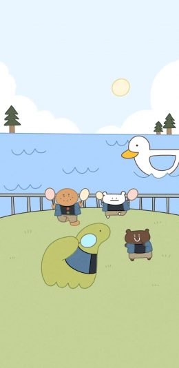 [2436x1125]卡通 萌物 鸭子 小熊 苹果手机动漫壁纸图片