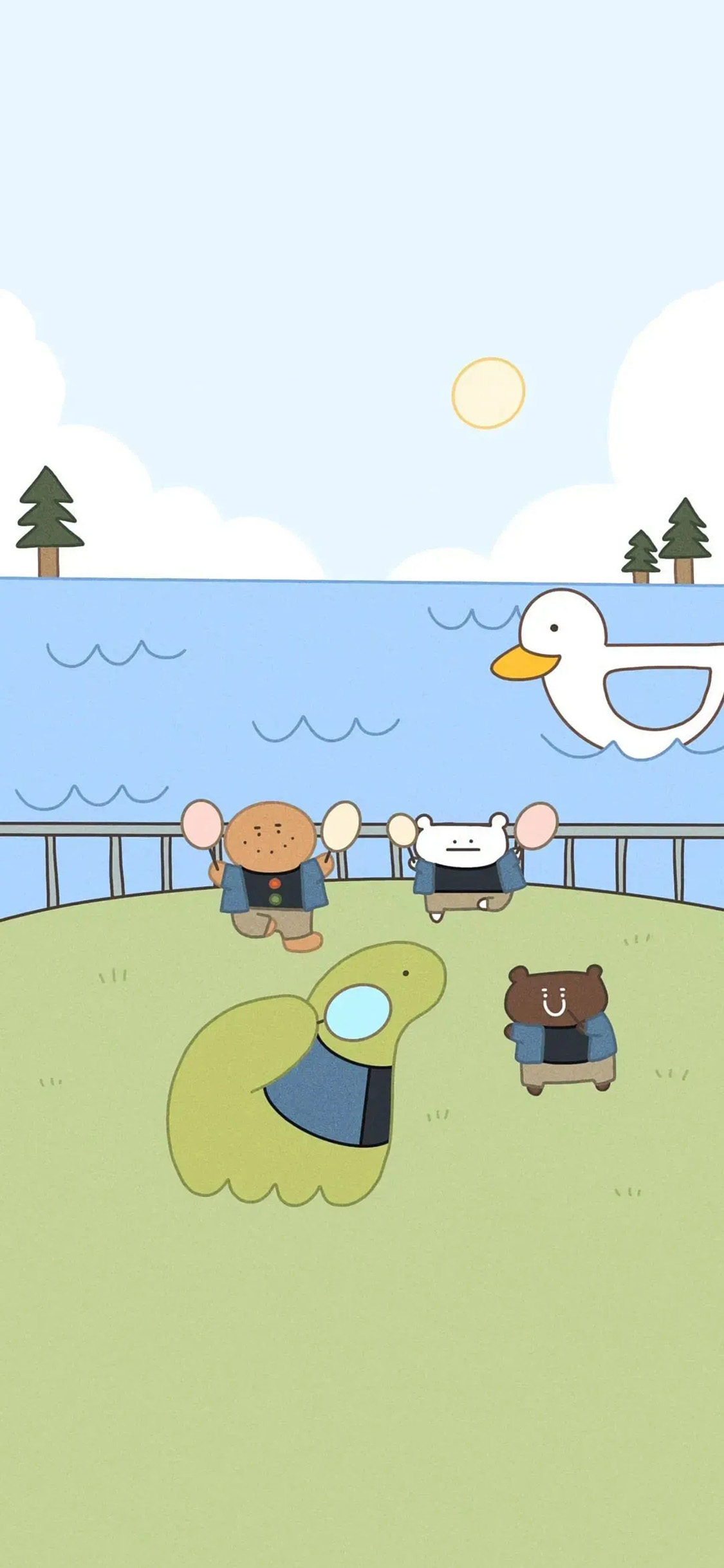 [2436×1125]卡通 萌物 鸭子 小熊 苹果手机动漫壁纸图片