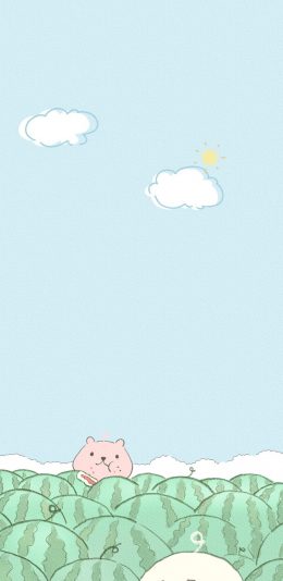 [2436x1125]卡通 西瓜甜 小熊 偷吃 苹果手机动漫壁纸图片