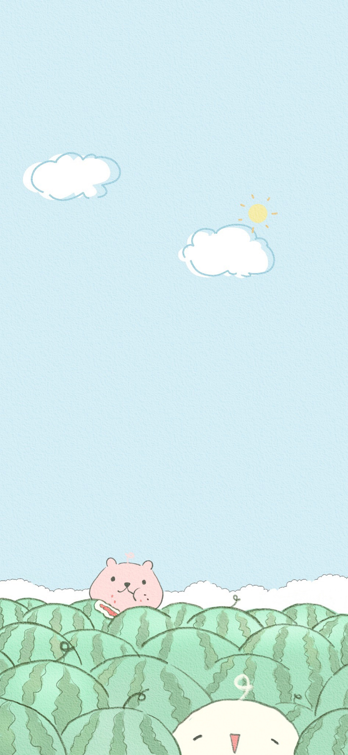 [2436×1125]卡通 西瓜甜 小熊 偷吃 苹果手机动漫壁纸图片