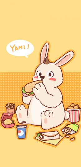 [2436x1125]卡通 角色 呆毛兔 汉堡 苹果手机动漫壁纸图片