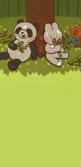 [2436x1125]卡通 郊外 小熊猫 兔子 可爱 苹果手机动漫壁纸图片