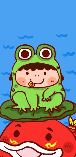 [2436x1125]卡通 锦鲤 胖妞 青蛙套装 苹果手机动漫壁纸图片