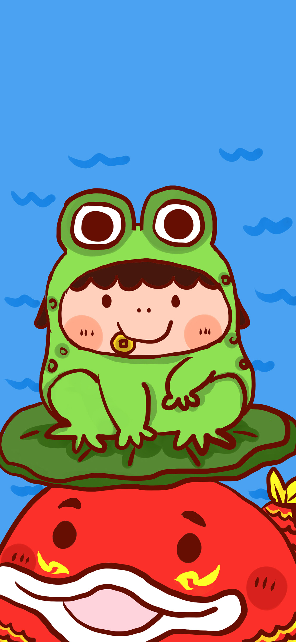 [2436×1125]卡通 锦鲤 胖妞 青蛙套装 苹果手机动漫壁纸图片