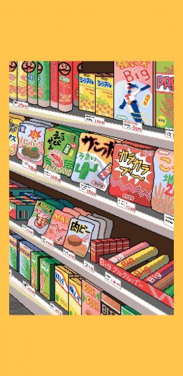 [2436x1125]卡通 零食 架子 像素风 苹果手机动漫壁纸图片