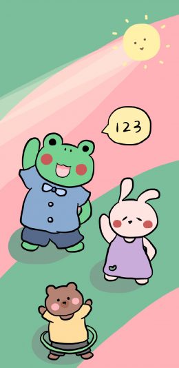 [2436x1125]卡通 青蛙 兔子 小熊（取自微博“软绵绵猪） 苹果手机动漫壁纸图片