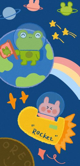 [2436x1125]卡通 青蛙 兔子 火箭 （取自微博：碗叮当） 苹果手机动漫壁纸图片