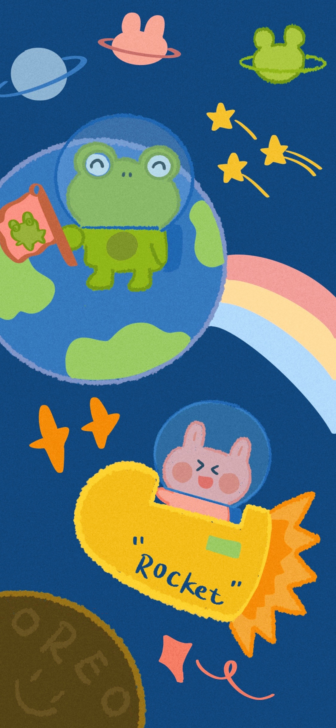 [2436×1125]卡通 青蛙 兔子 火箭 （取自微博：碗叮当） 苹果手机动漫壁纸图片