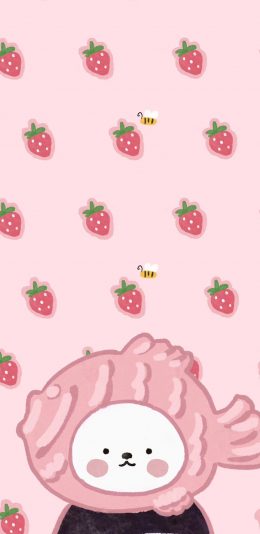[2436x1125]卡通 鱼饼 草莓 粉 可爱 苹果手机动漫壁纸图片
