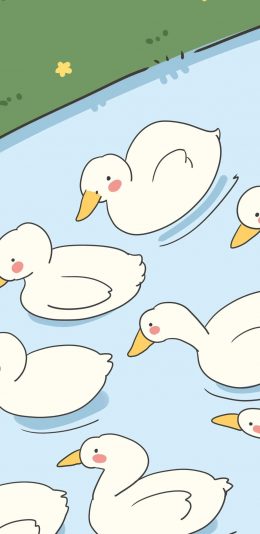 [2436x1125]卡通 鸭子 河流 游水 苹果手机动漫壁纸图片
