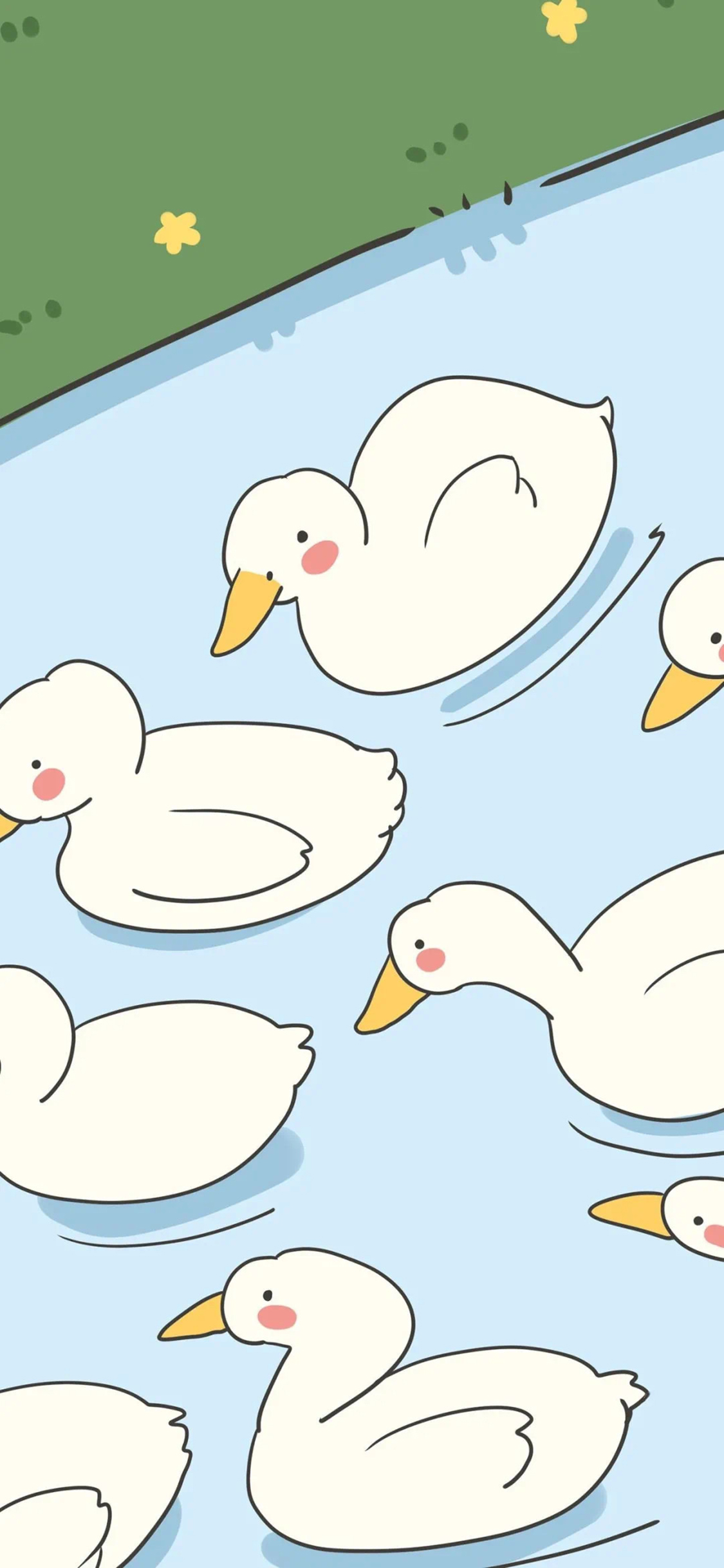 [2436×1125]卡通 鸭子 河流 游水 苹果手机动漫壁纸图片