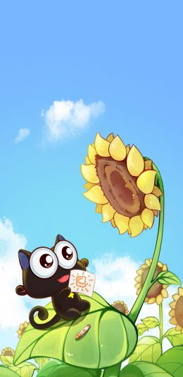 [2436x1125]卡通 黑猫 up喵 向日葵 苹果手机动漫壁纸图片