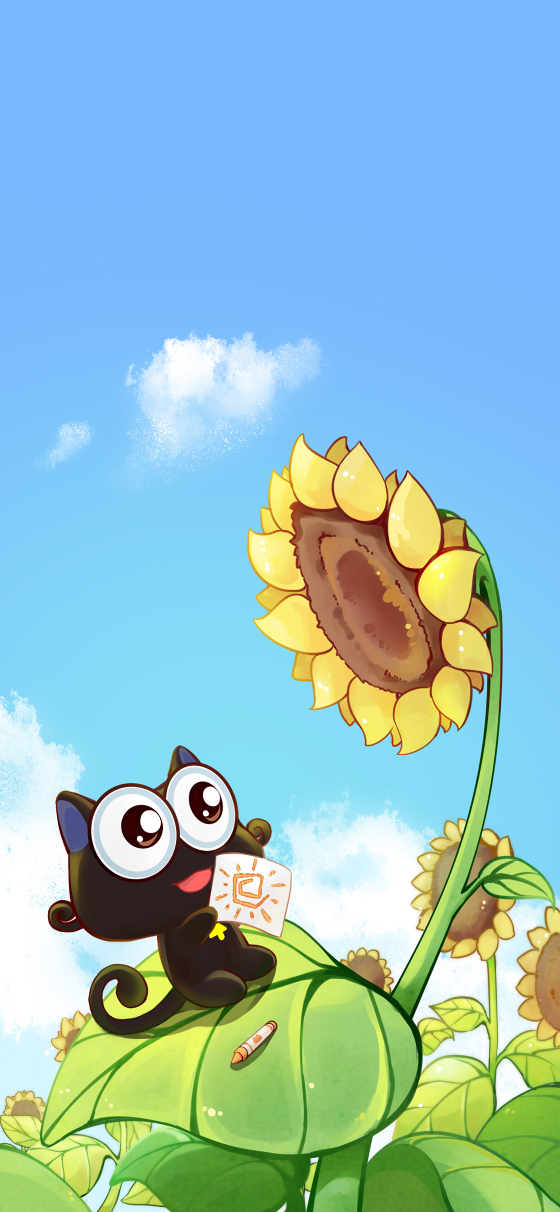 [2436×1125]卡通 黑猫 up喵 向日葵 苹果手机动漫壁纸图片